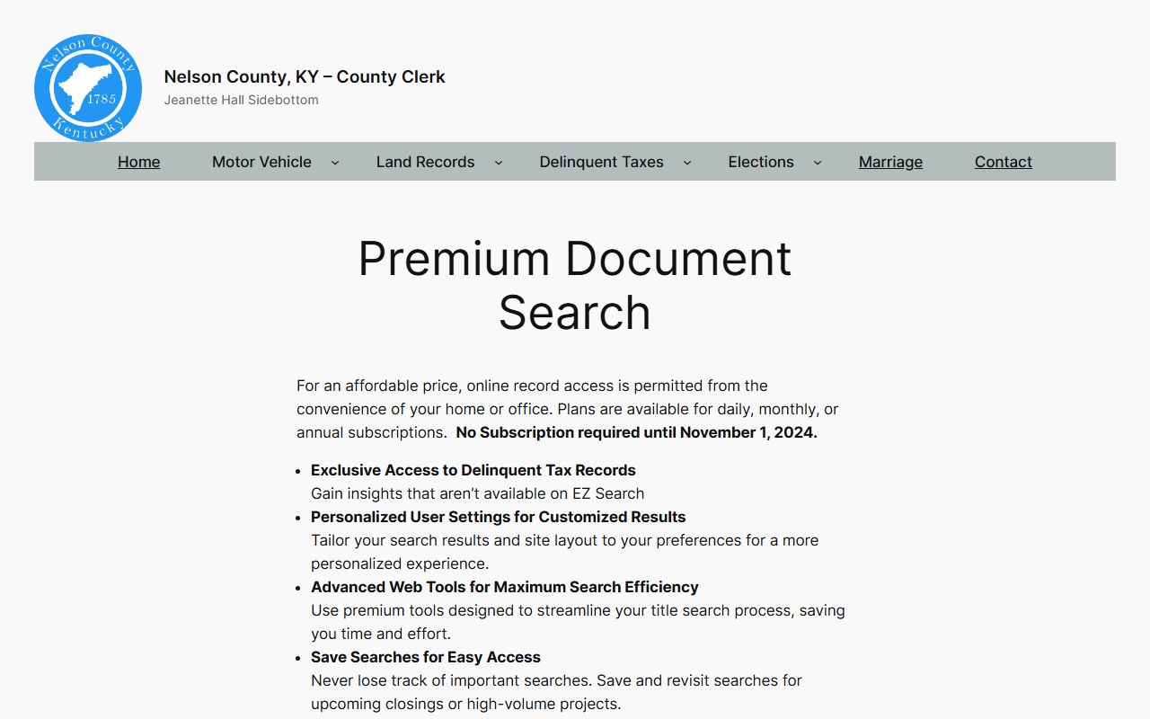 Nelson County clerk records Premium Document Search page