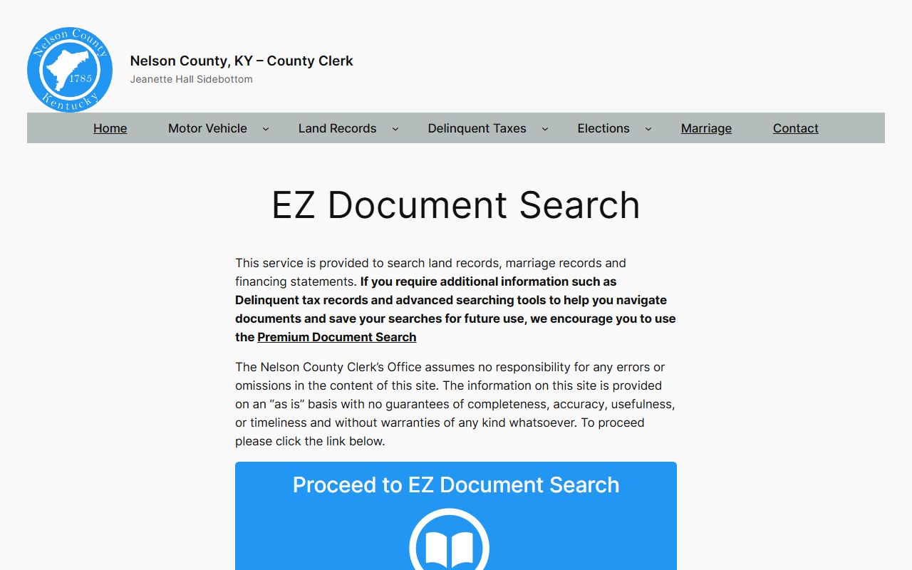 Nelson County clerk records EZ Document Search page