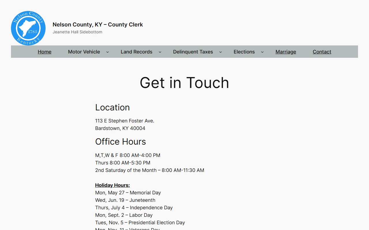 Nelson County marriage records and clerk contact page