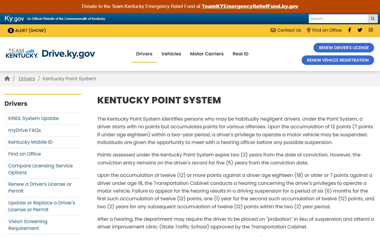 Nelson County traffic court records Kentucky point system