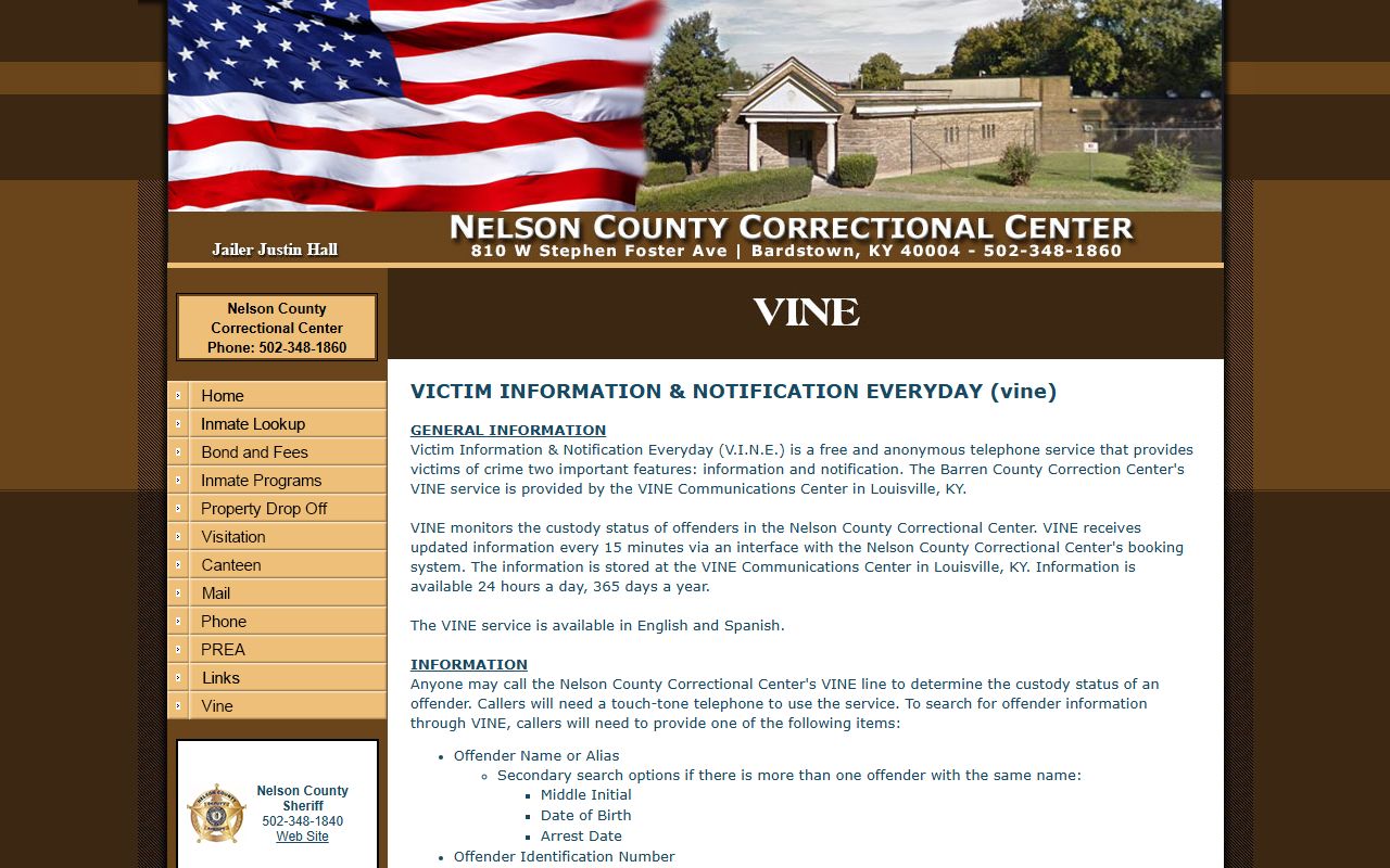 Nelson County traffic court records VINE custody notice page
